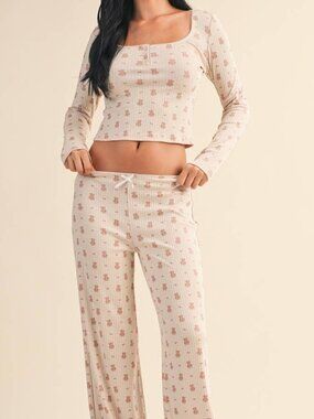 NWT Kimberly C Teddy Bear Pointelle Pyjamas Set (Beige)